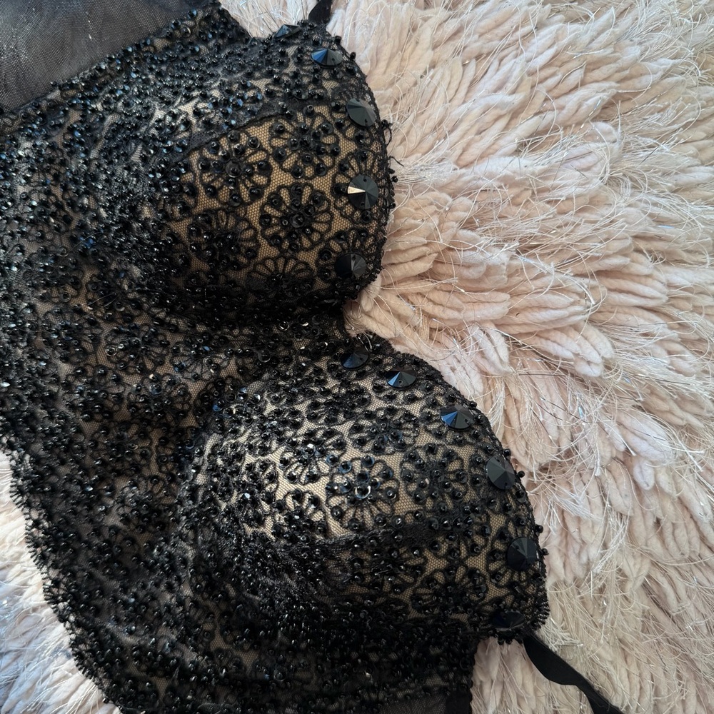 bebe Black Beaded Lace Bra